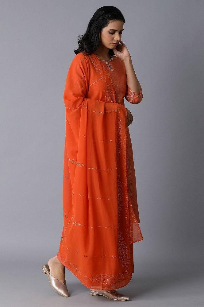 Orange kurta-Parallel Pants-Drape Set - wforwoman