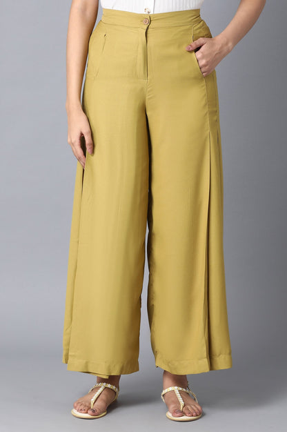 Burnished Gold Solid Flared Woven Palazzo with Front Zip – wforwoman