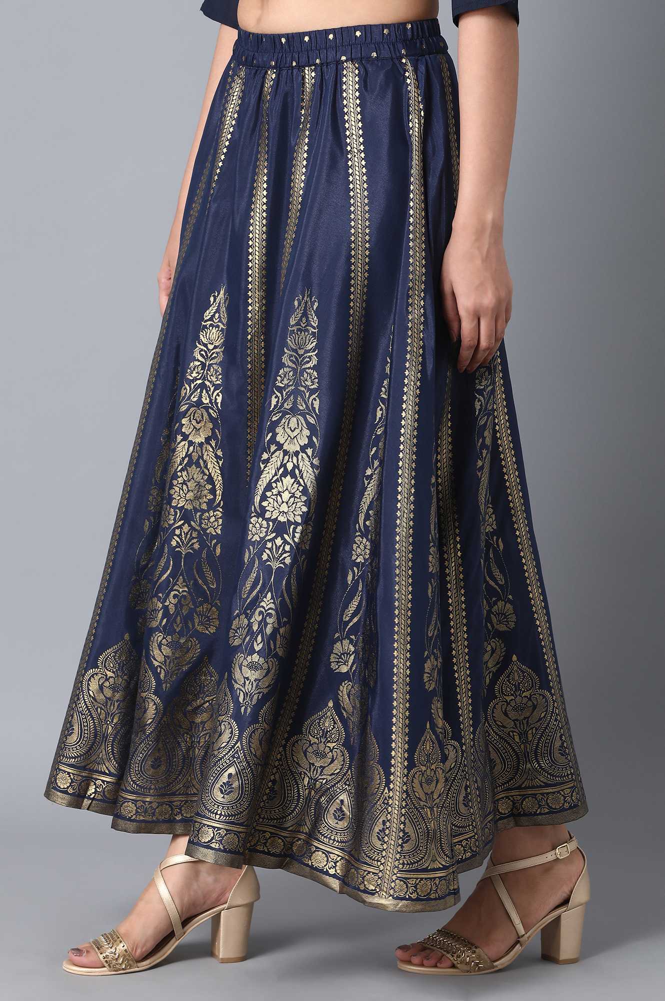 Navy Blue Printed Flared Skirt