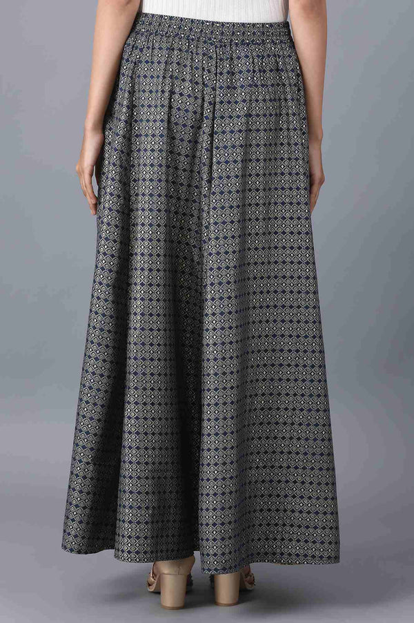 Navy Blue Floral Printed Flared Woven Skirt With Elasticated Waist