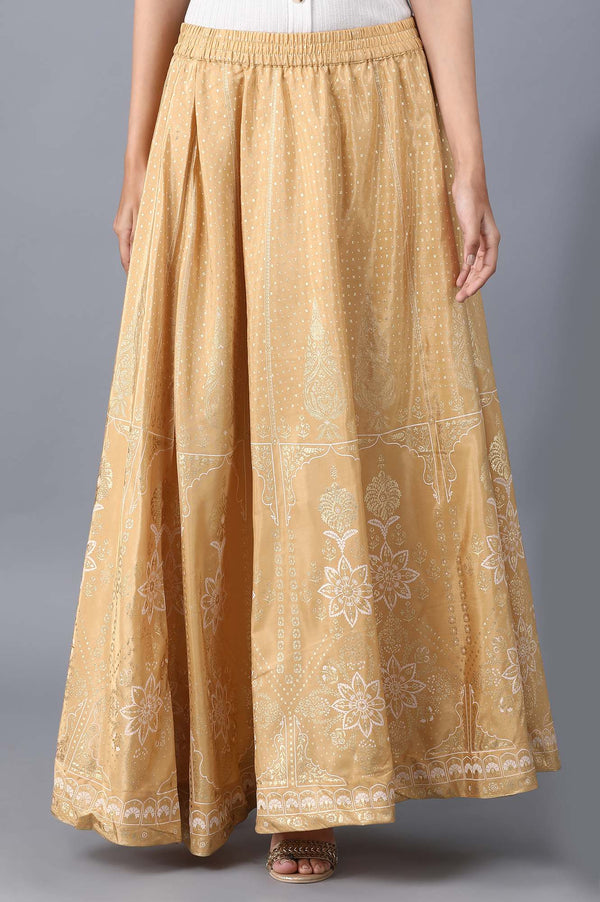 Gold Floral Printed Flared Silk Skirt With Elasticated Waist