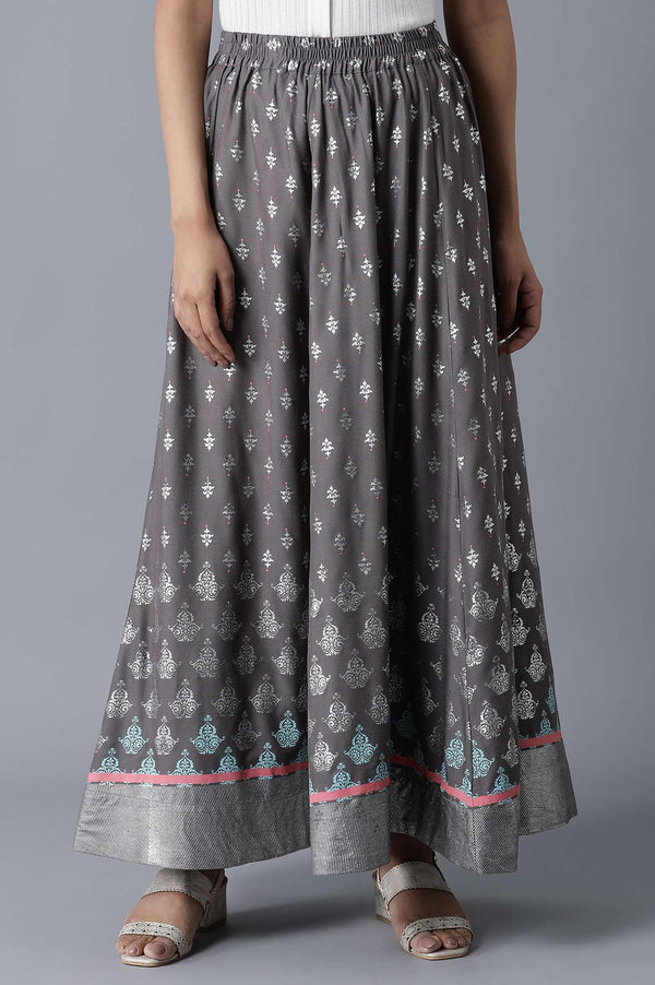 Grey Floral Printed Flared Woven Skirt With Elasticated Waist