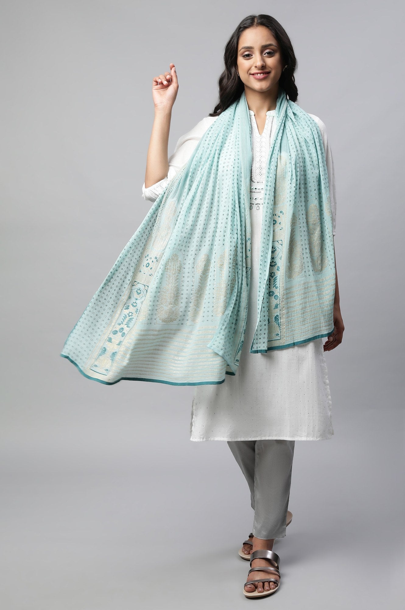 Teal Voile Printed Dupatta