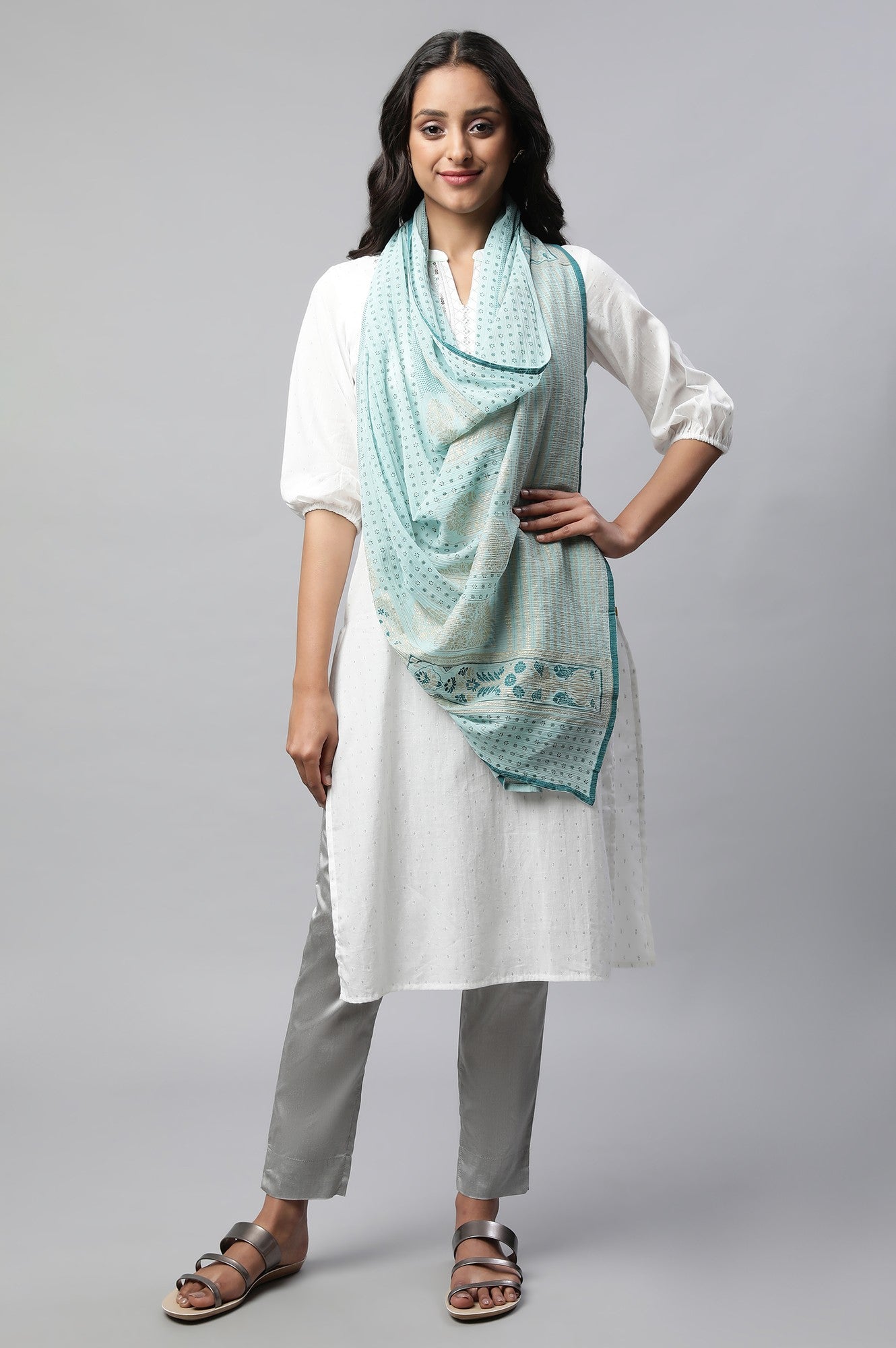 Teal Voile Printed Dupatta