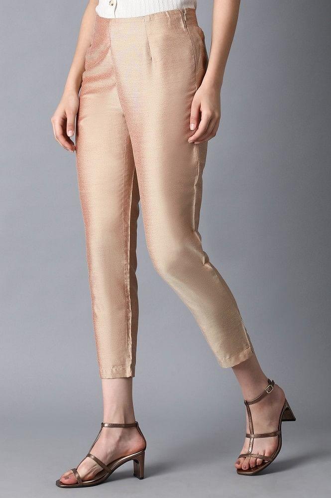 Beige Solid Trousers - wforwoman