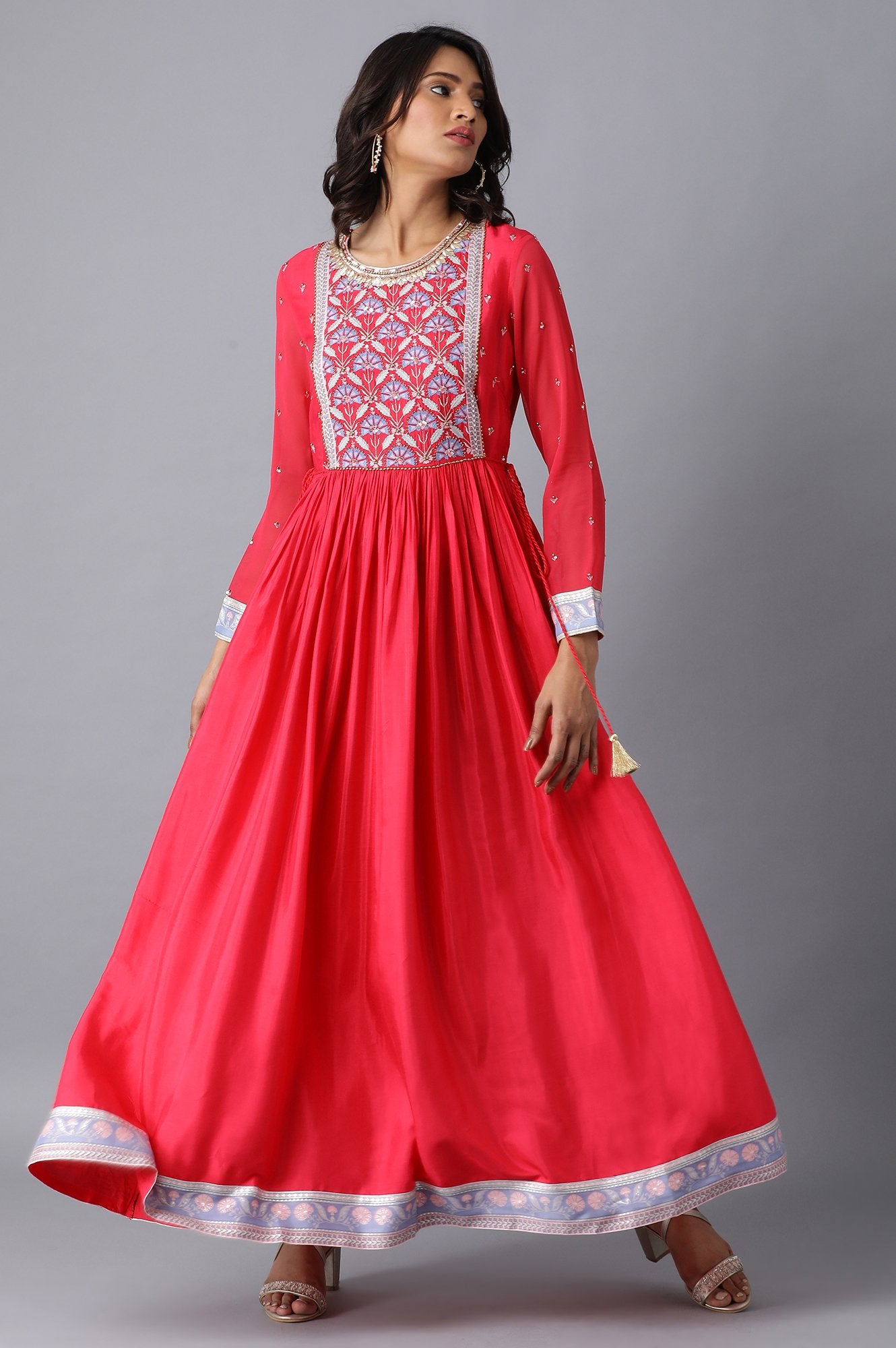 Pink Round Neck Gathered Dress