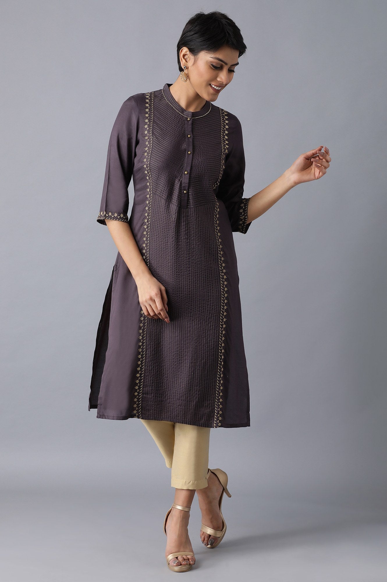 Charcoal Grey Mandarin Neck Embroidered kurta