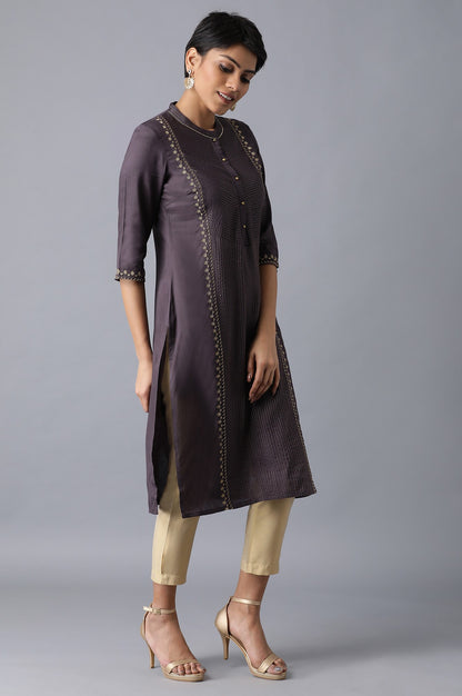 Charcoal Grey Mandarin Neck Embroidered kurta