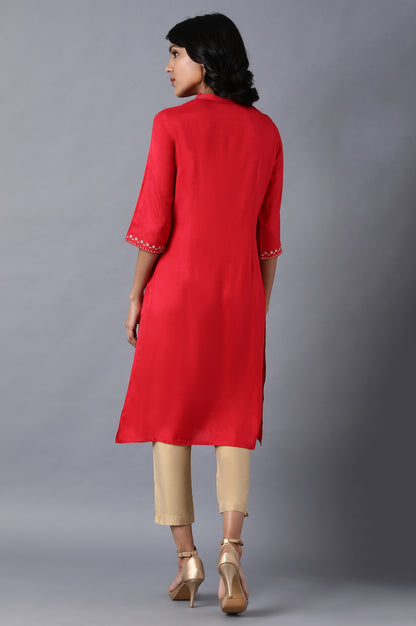 Red Mandarin Neck Embroidered kurta