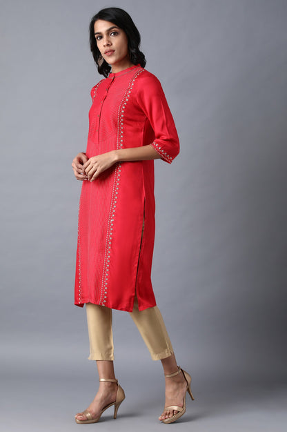 Red Mandarin Neck Embroidered kurta