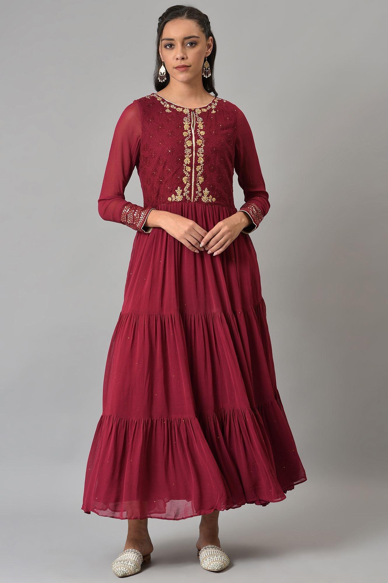 Maroon Tiered Dress - wforwoman