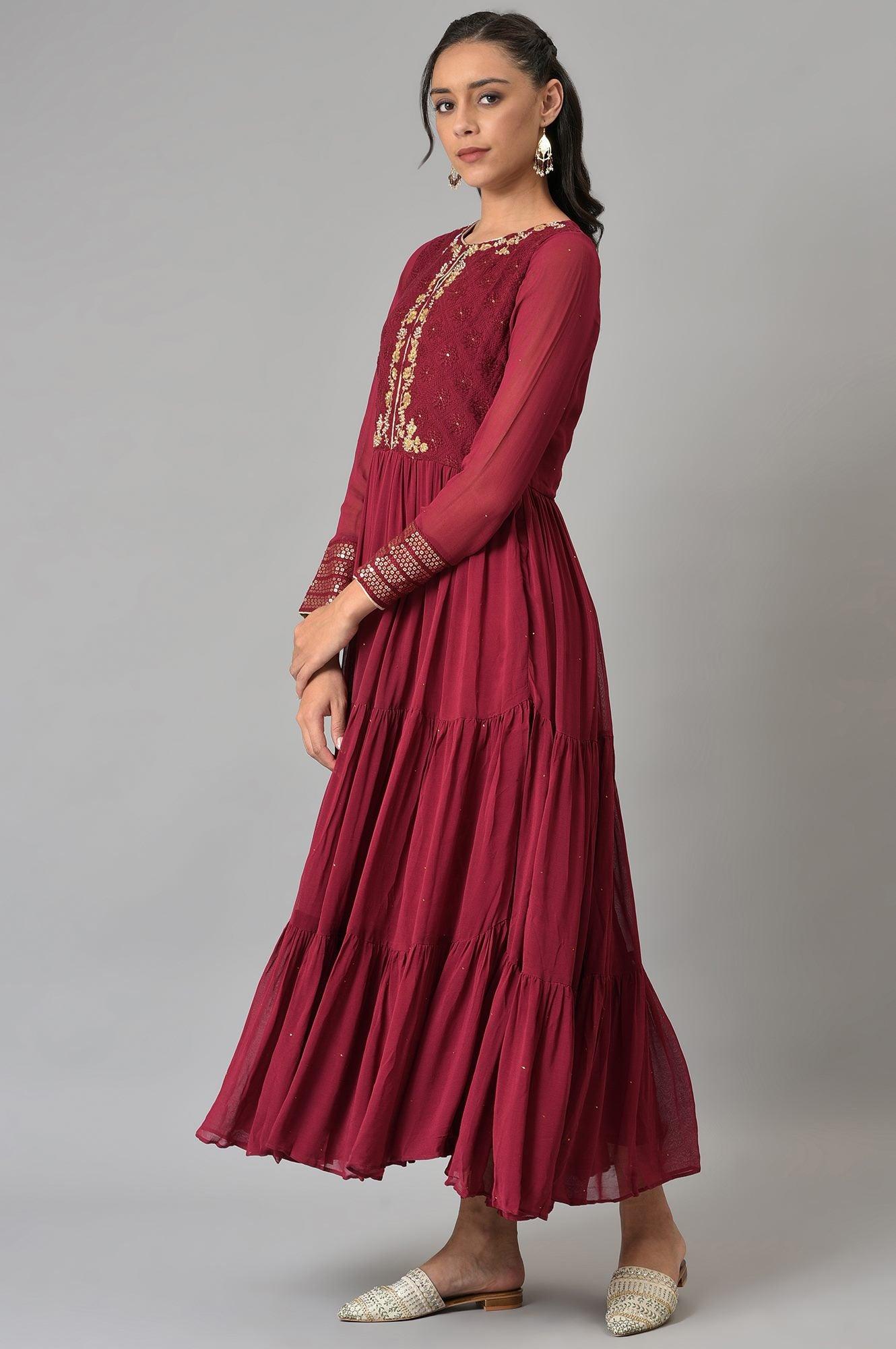 Maroon Tiered Dress - wforwoman