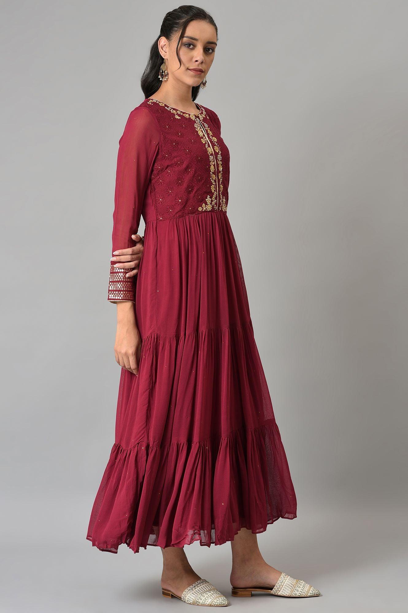 Maroon Tiered Dress - wforwoman