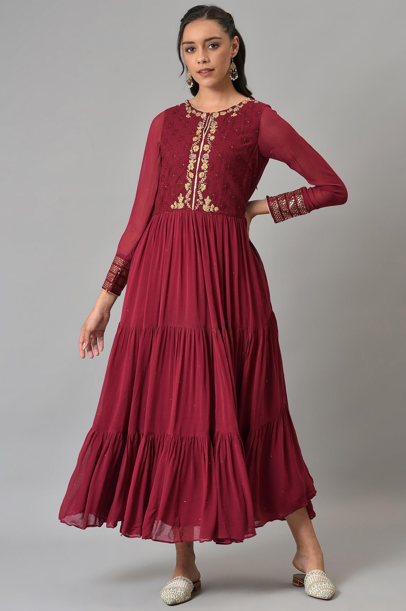 Maroon Tiered Dress - wforwoman