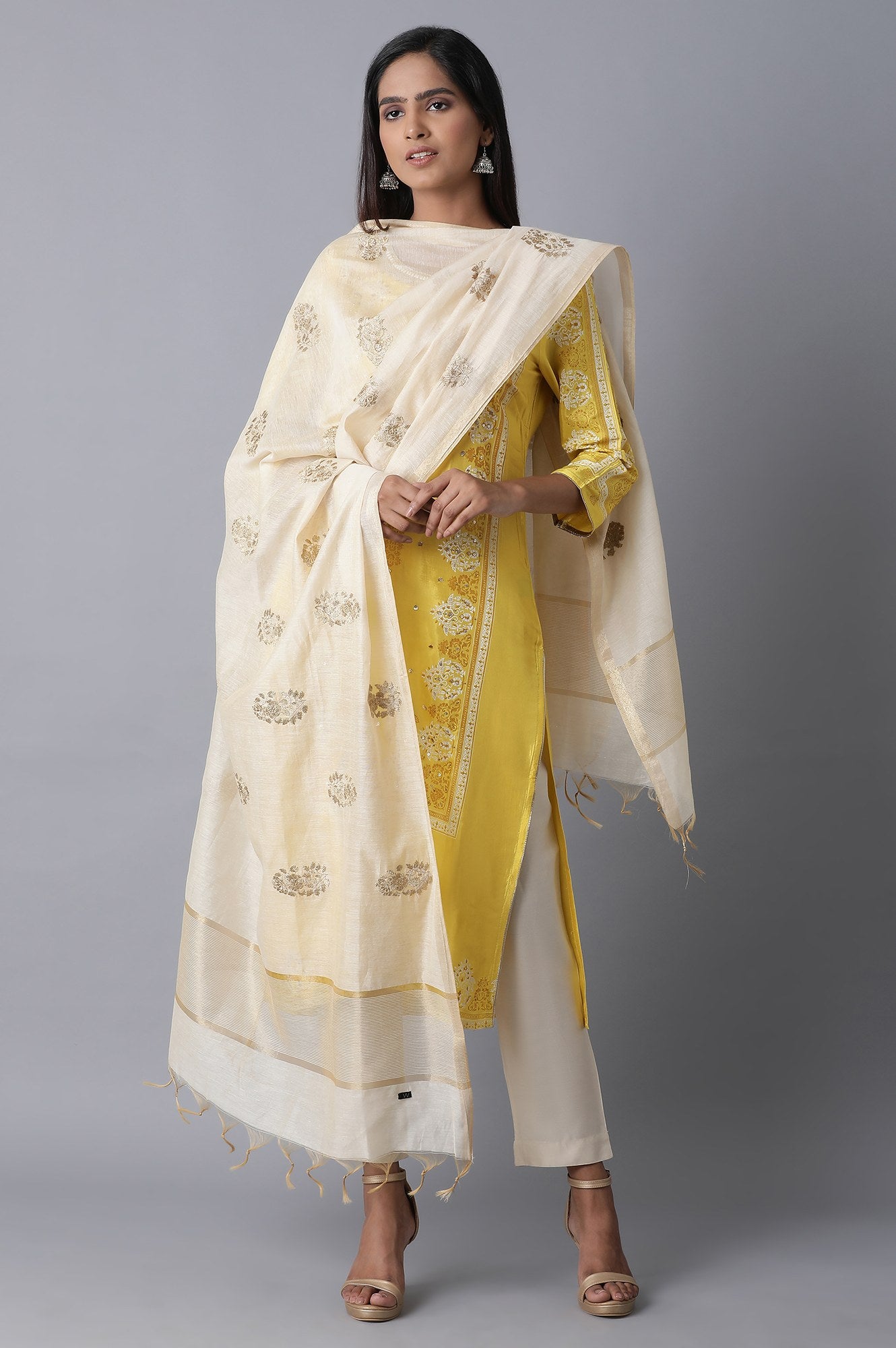 Ecru and Gold Chanderi Dupatta