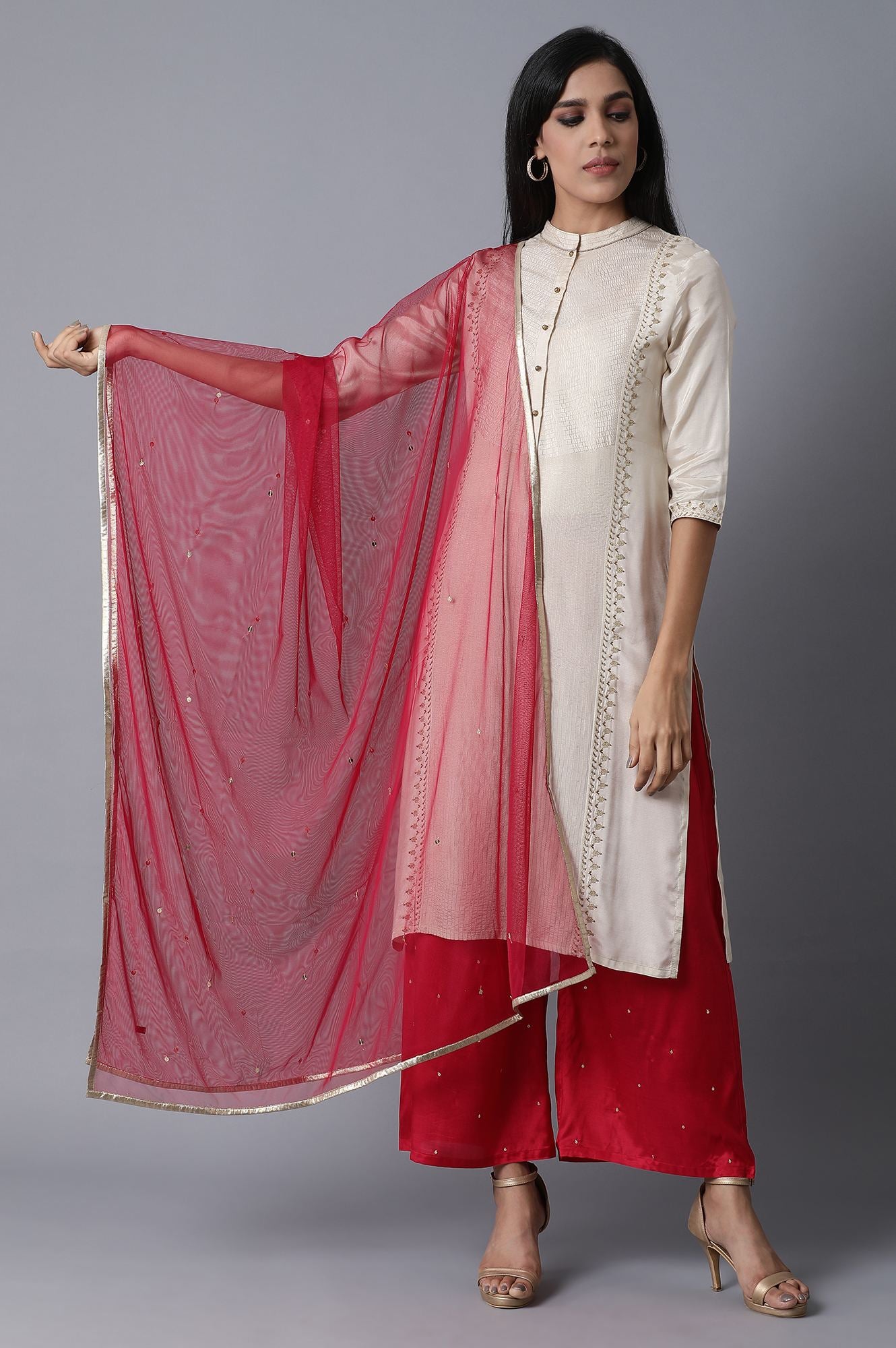 Red Solid Mesh Dupatta