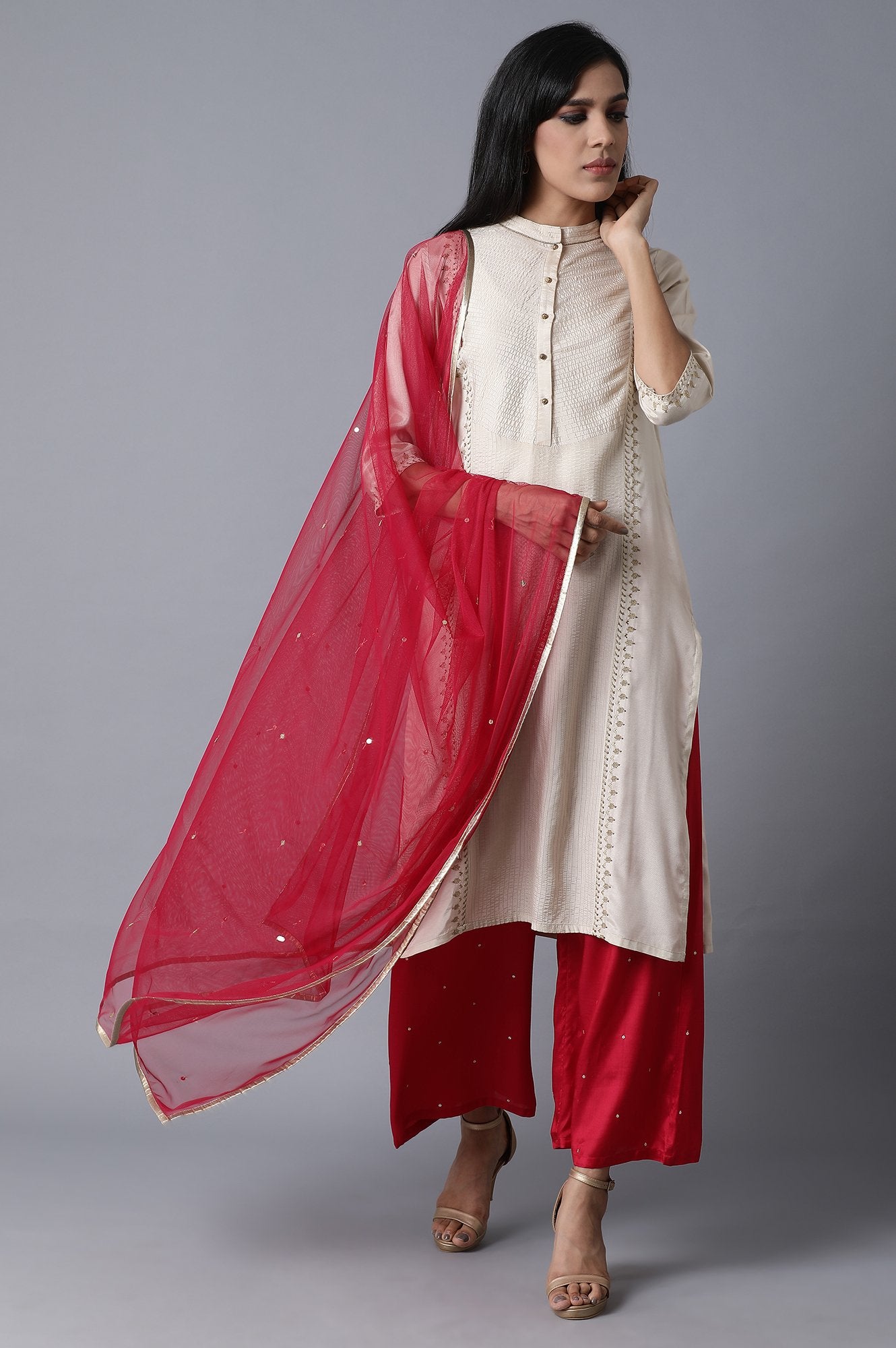 Red Solid Mesh Dupatta