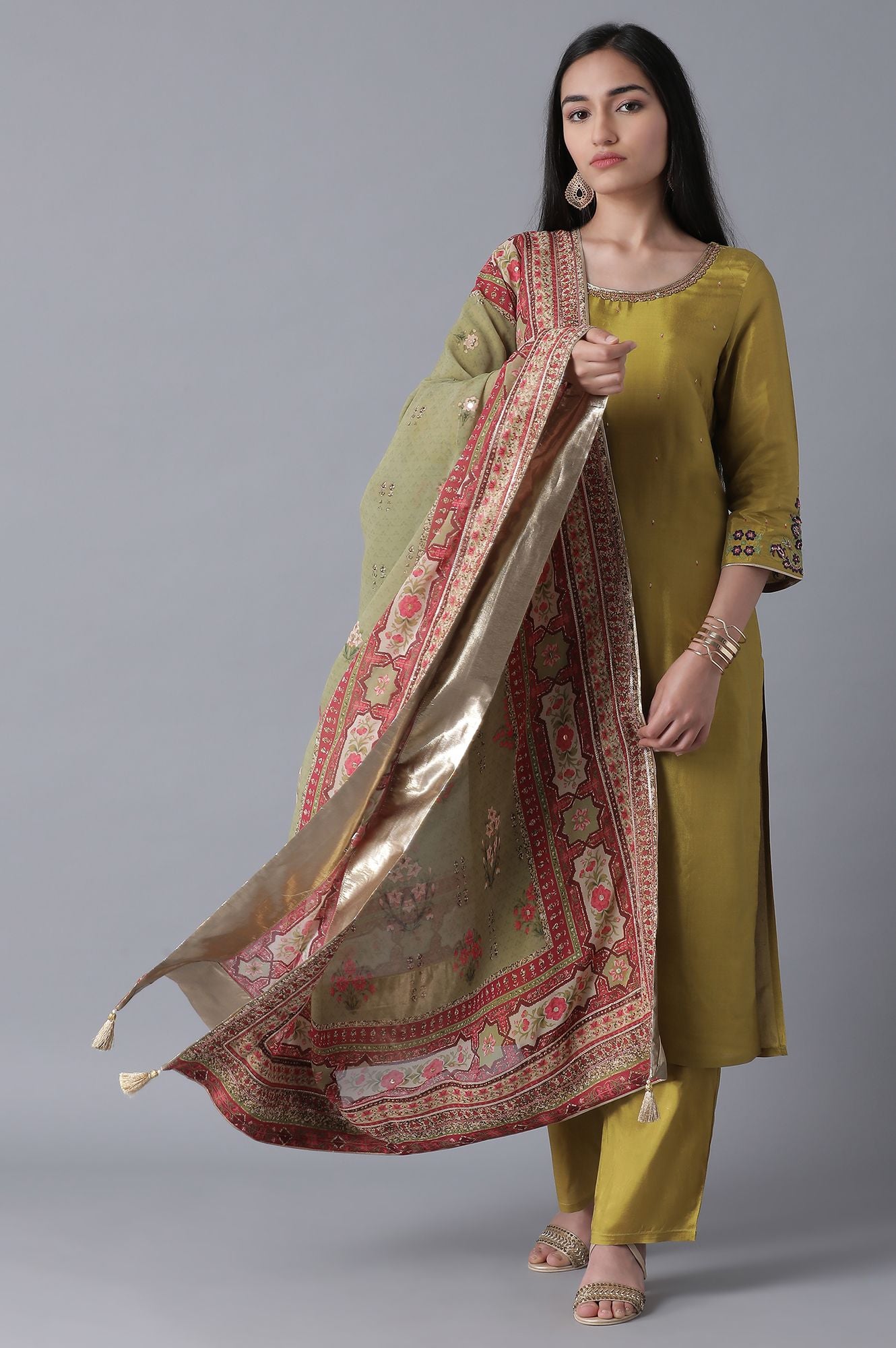 Green Floral Foil Print Dupatta