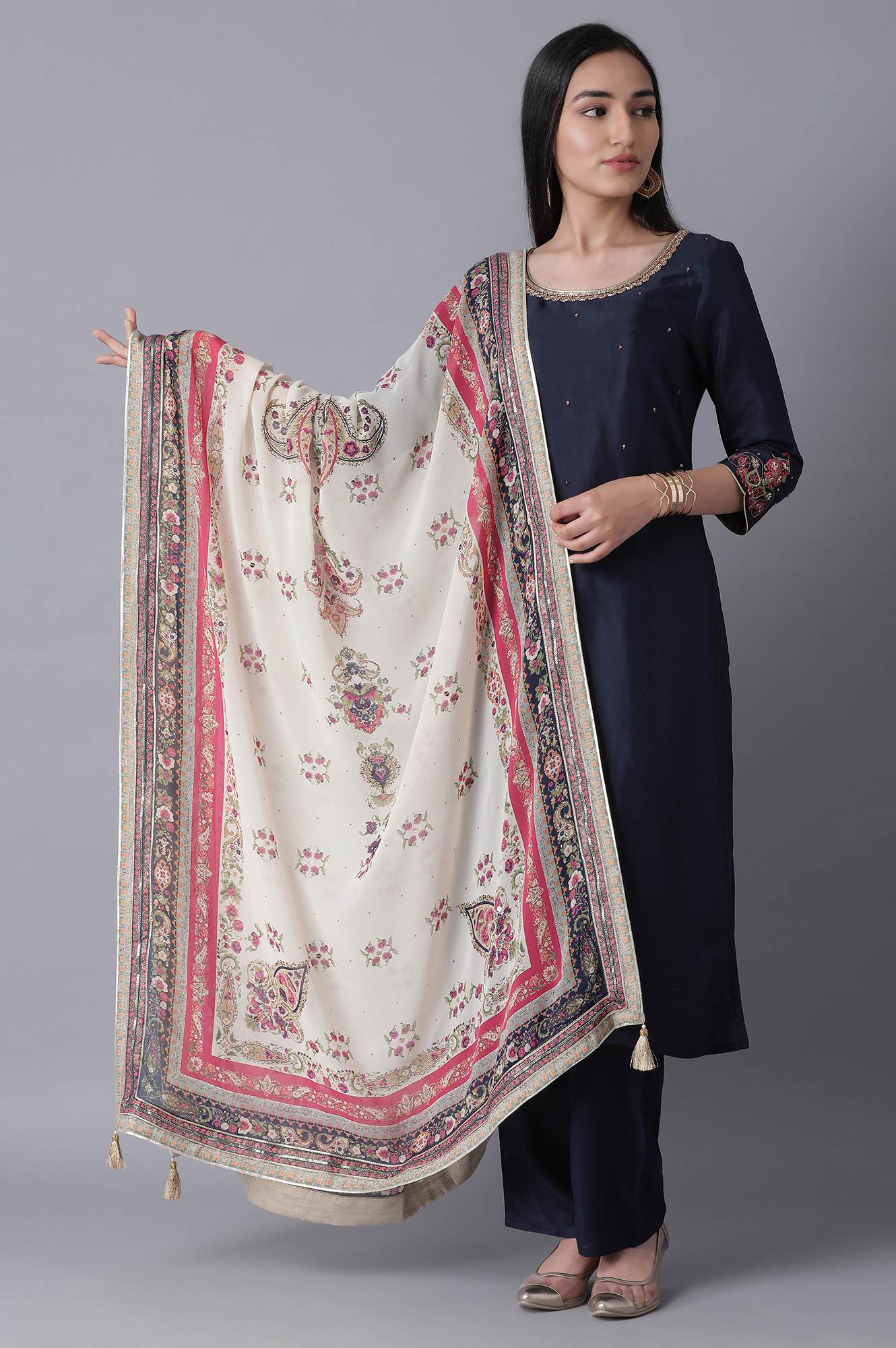 Ecru Floral Foil Print Dupatta