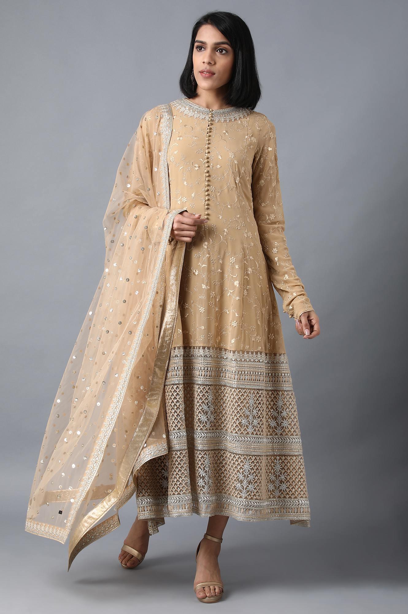 Beige Round Neck kurta Set - wforwoman