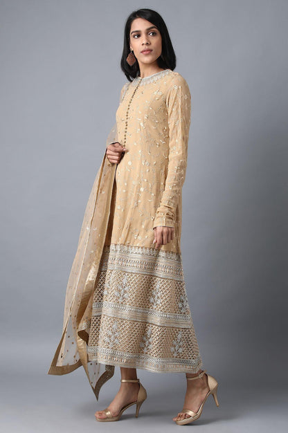 Beige Round Neck kurta Set - wforwoman