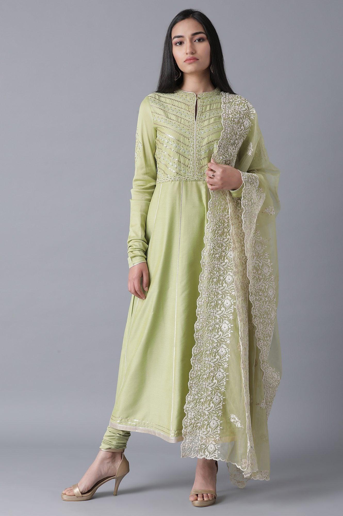 Green Flared kurta-Churidar-Drape Set - wforwoman