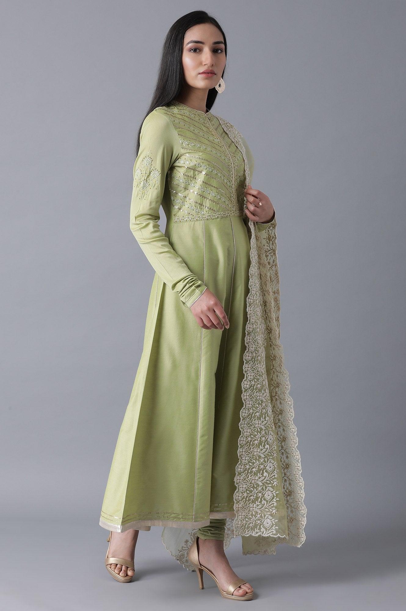 Green Flared kurta-Churidar-Drape Set - wforwoman