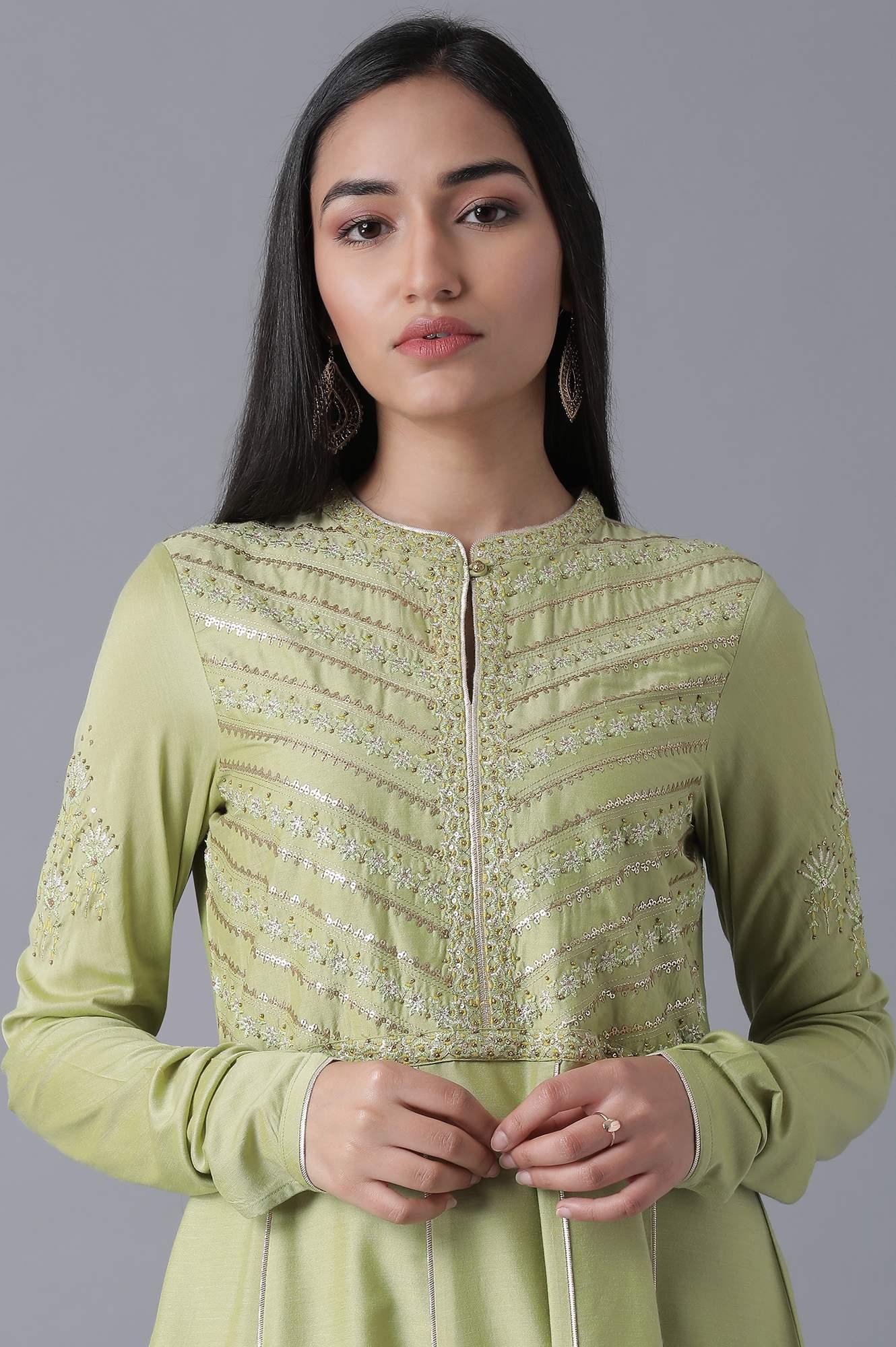 Green Flared kurta-Churidar-Drape Set - wforwoman