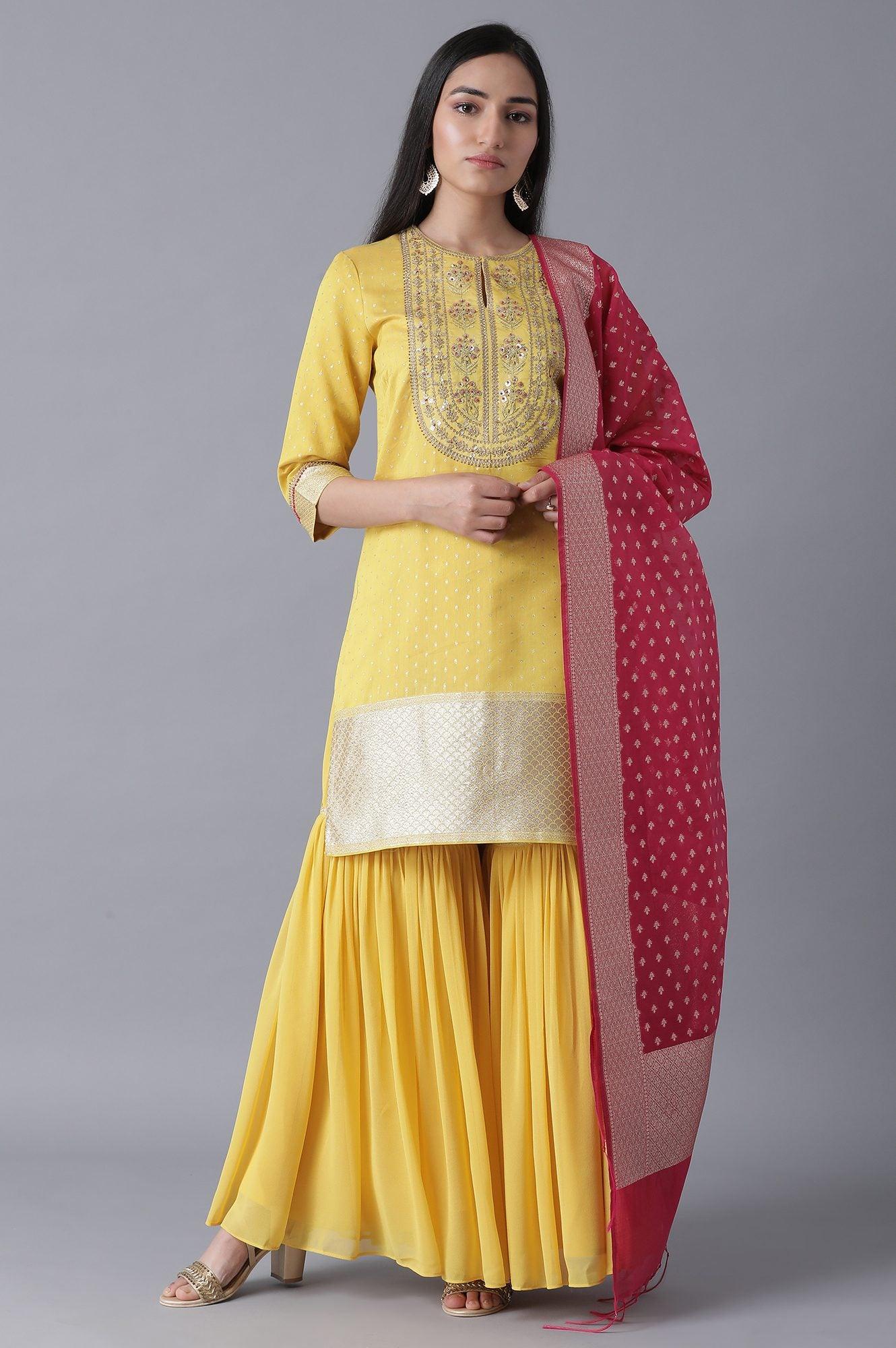 Yellow Short kurta-Sharara-Drape Set - wforwoman