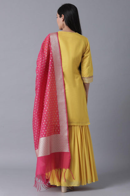 Yellow Short kurta-Sharara-Drape Set - wforwoman