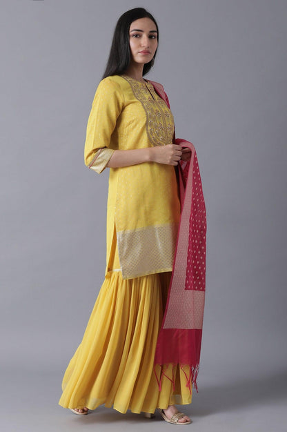 Yellow Short kurta-Sharara-Drape Set - wforwoman