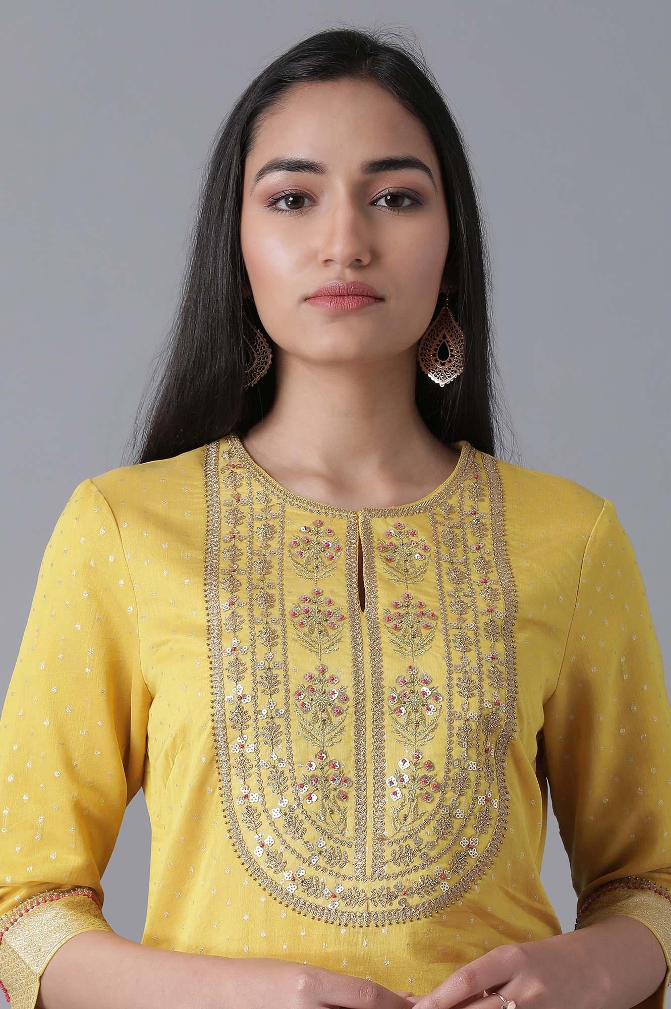 Yellow Short kurta-Sharara-Drape Set - wforwoman