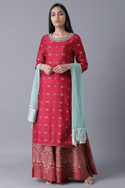 Maroon kurta-Culottes-Drape Set - wforwoman