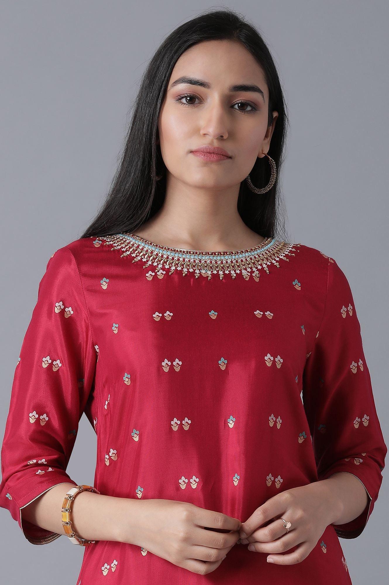 Maroon kurta-Culottes-Drape Set - wforwoman