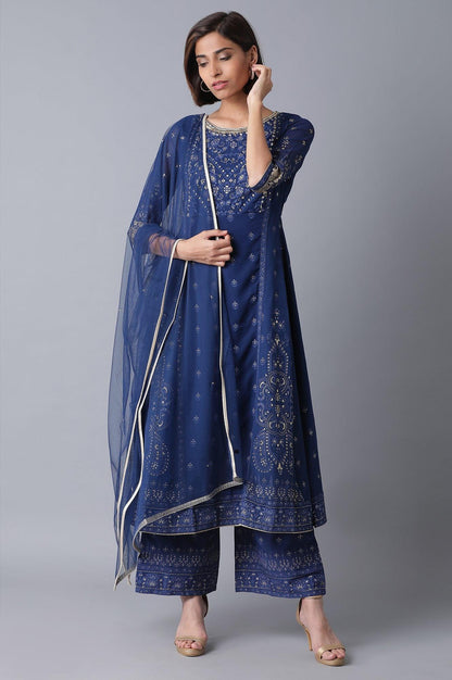 Navy Blue Flared kurta-Parallel Pants-Drape Set - wforwoman