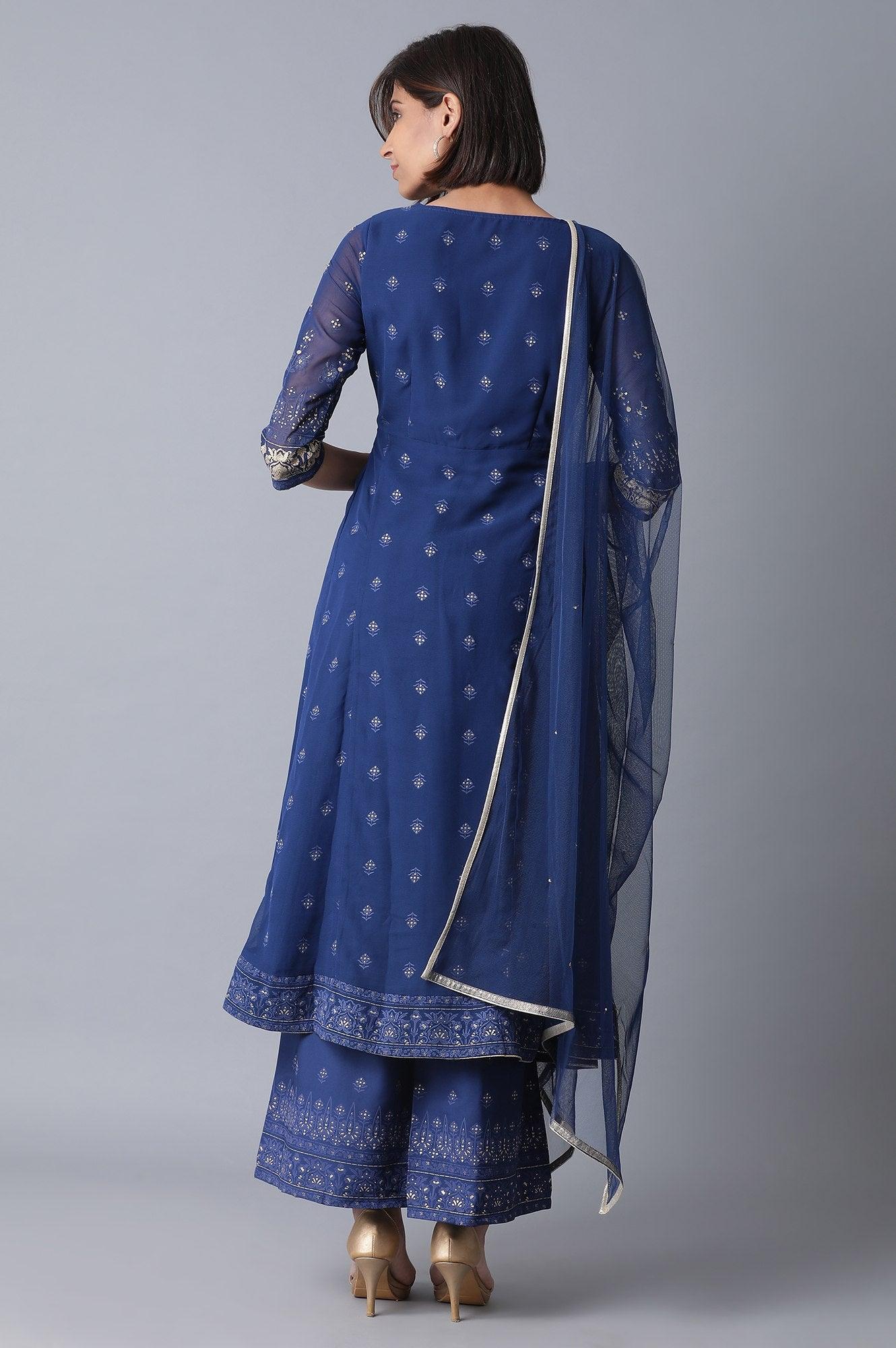 Navy Blue Flared kurta-Parallel Pants-Drape Set - wforwoman