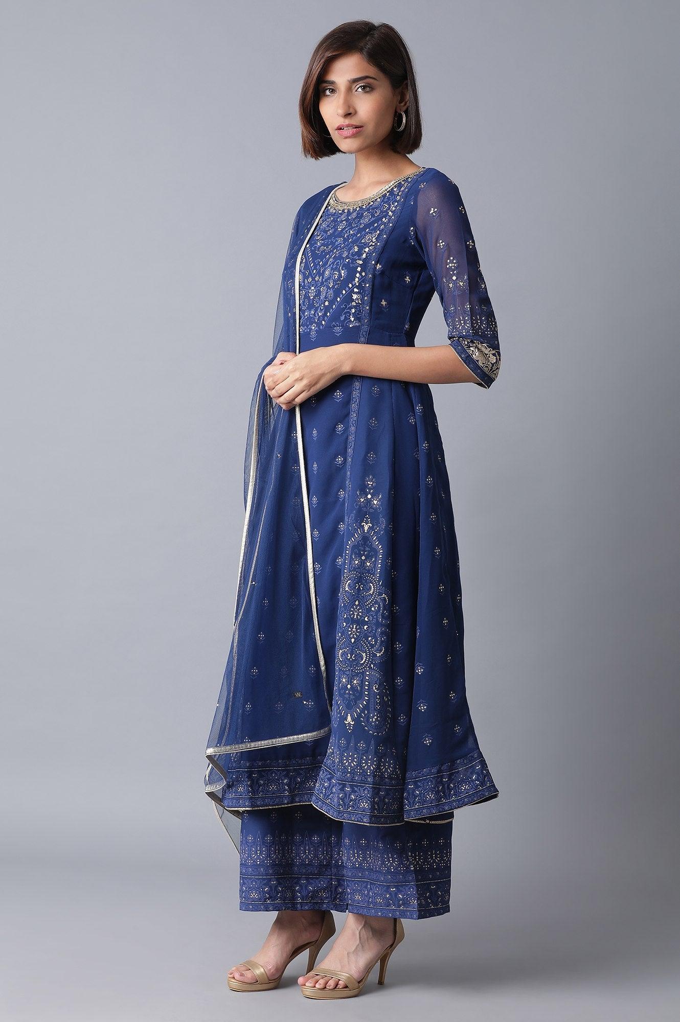 Navy Blue Flared kurta-Parallel Pants-Drape Set - wforwoman