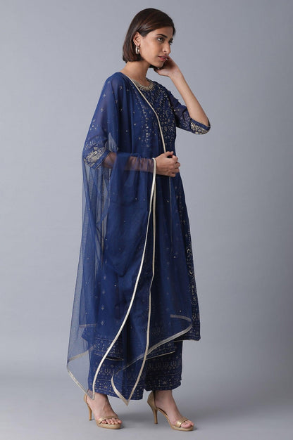 Navy Blue Flared kurta-Parallel Pants-Drape Set - wforwoman