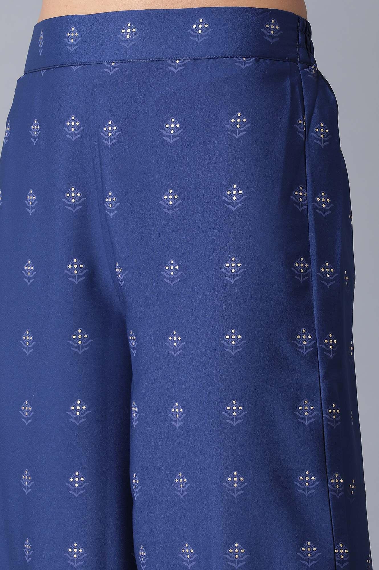 Navy Blue Flared kurta-Parallel Pants-Drape Set - wforwoman