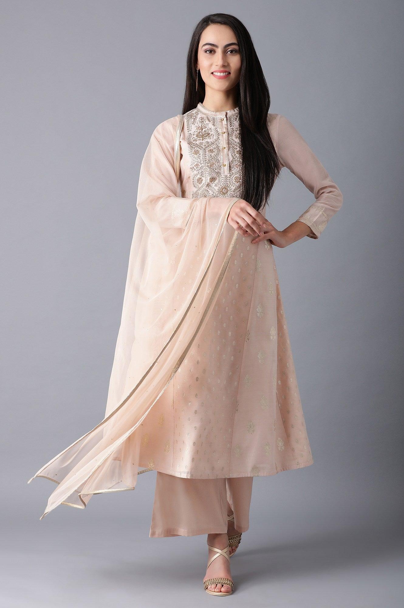 Peach Mandarin Neck kurta Set - wforwoman