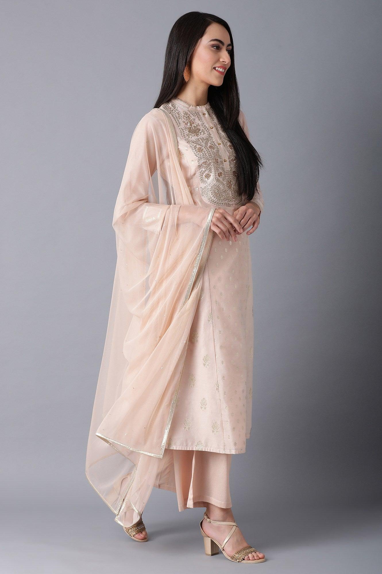 Peach Mandarin Neck kurta Set - wforwoman