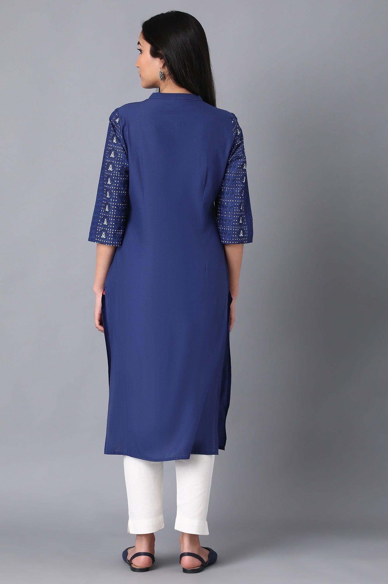 Blue Cotton Printed kurta in Mandarin Collar - wforwoman