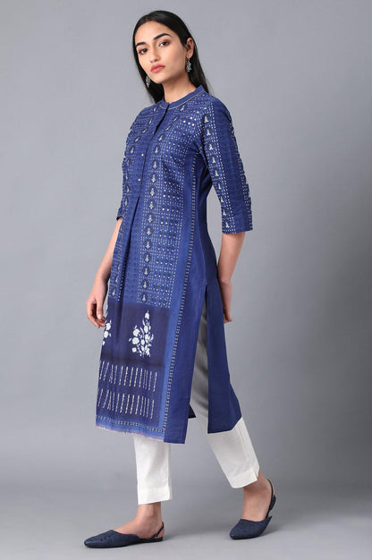 Blue Cotton Printed kurta in Mandarin Collar - wforwoman