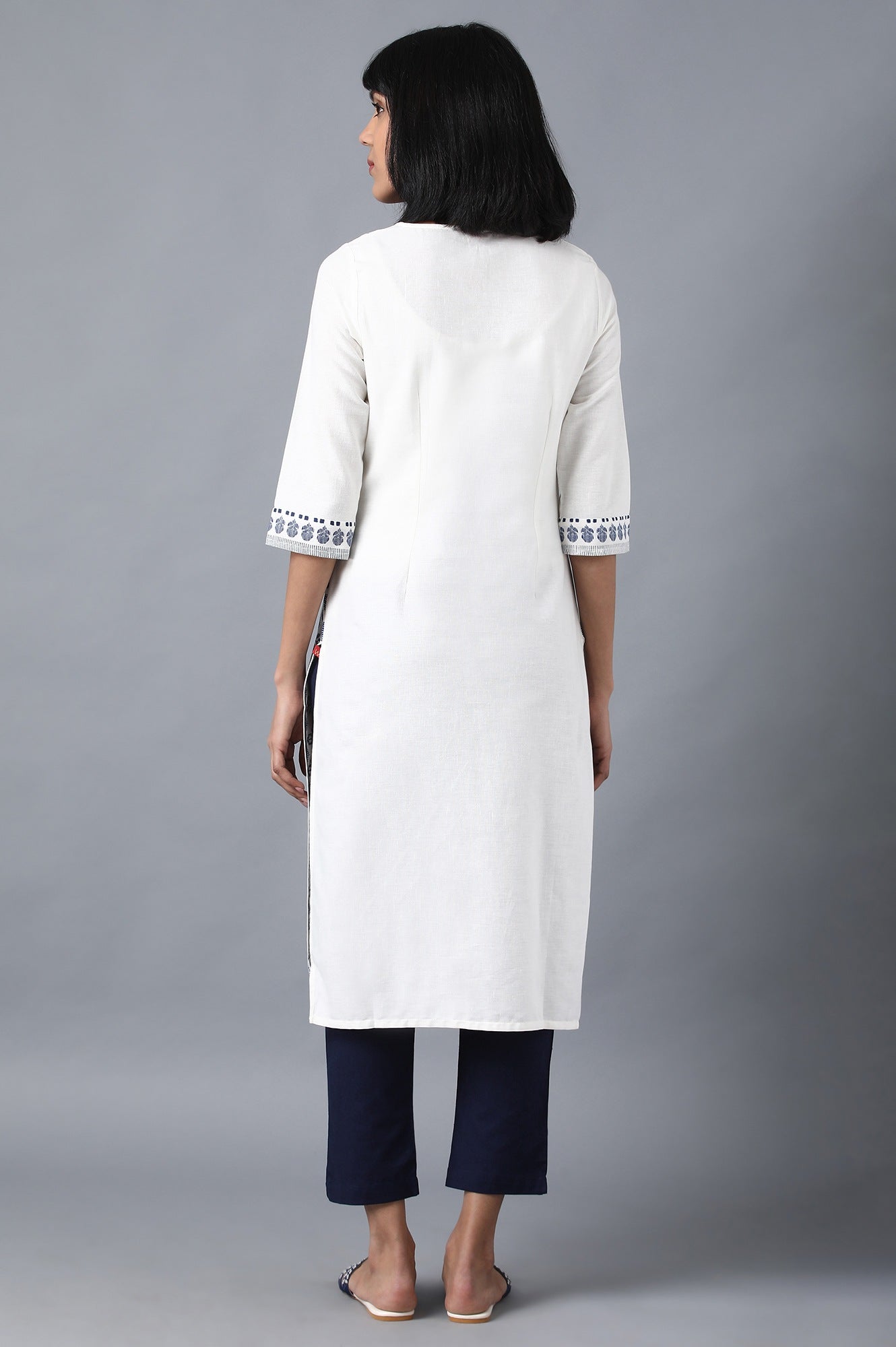 White Round Neck Printed kurta