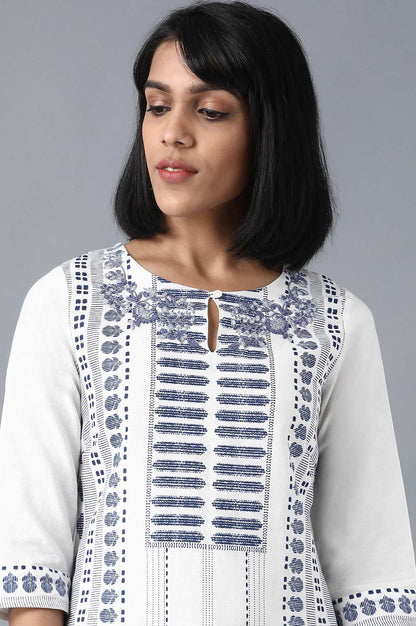 White Round Neck Printed kurta