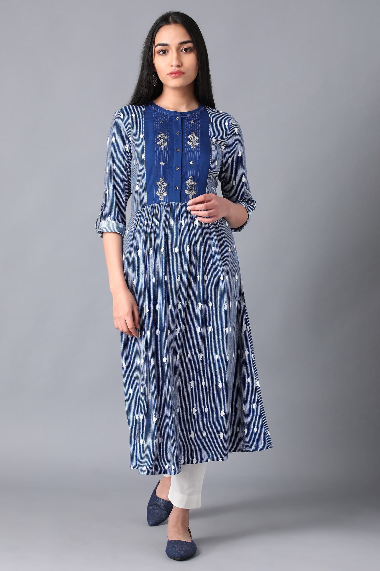 Blue Mandarin Neck Printed Dress