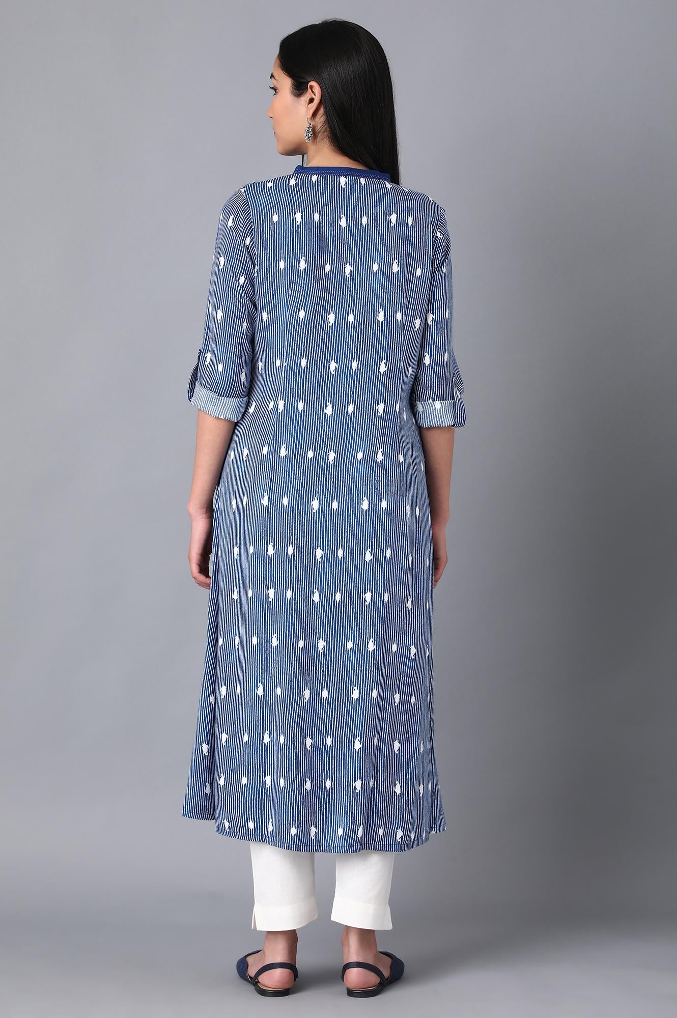 Blue Mandarin Neck Printed Dress