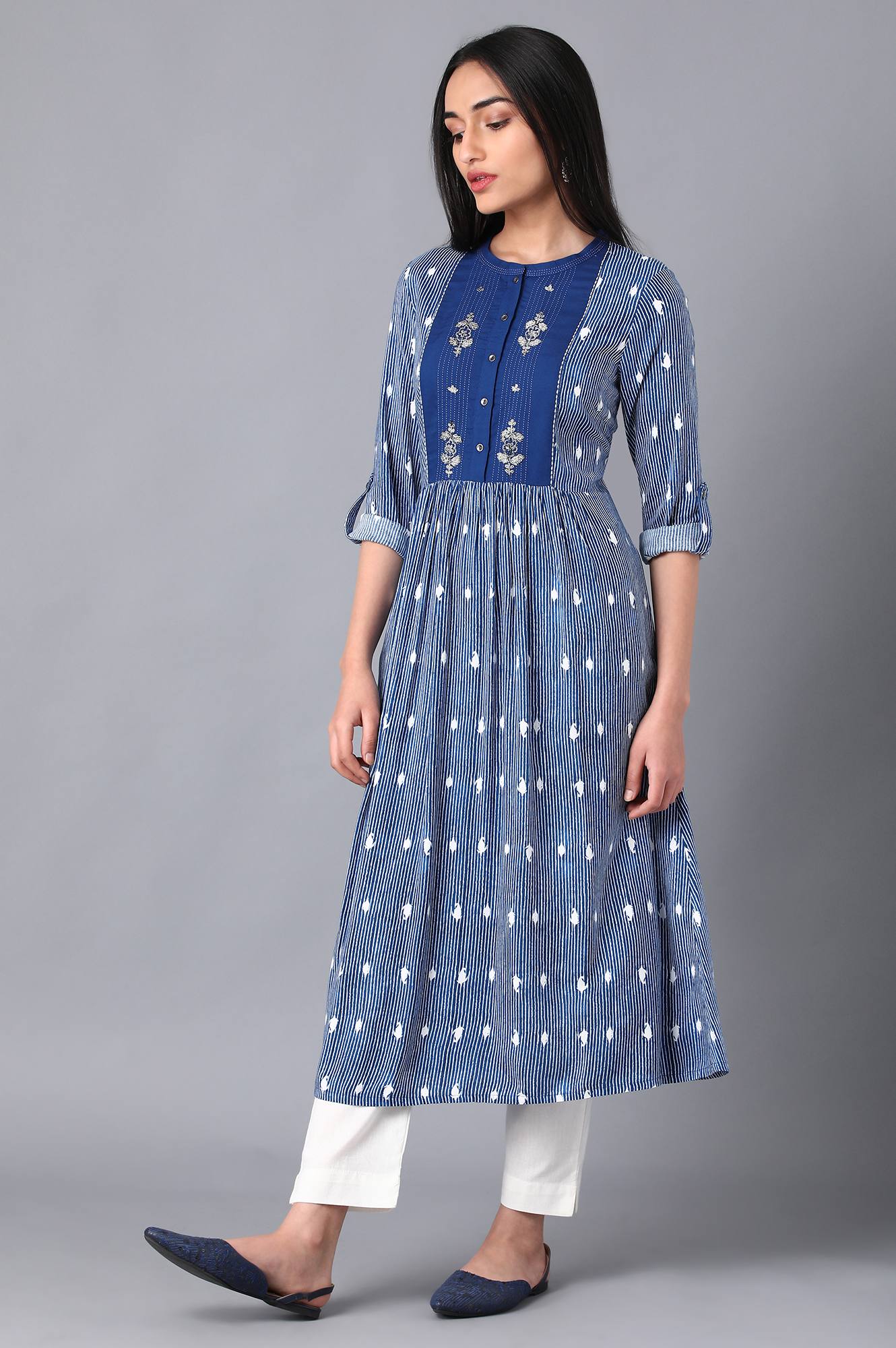 Blue Mandarin Neck Printed Dress