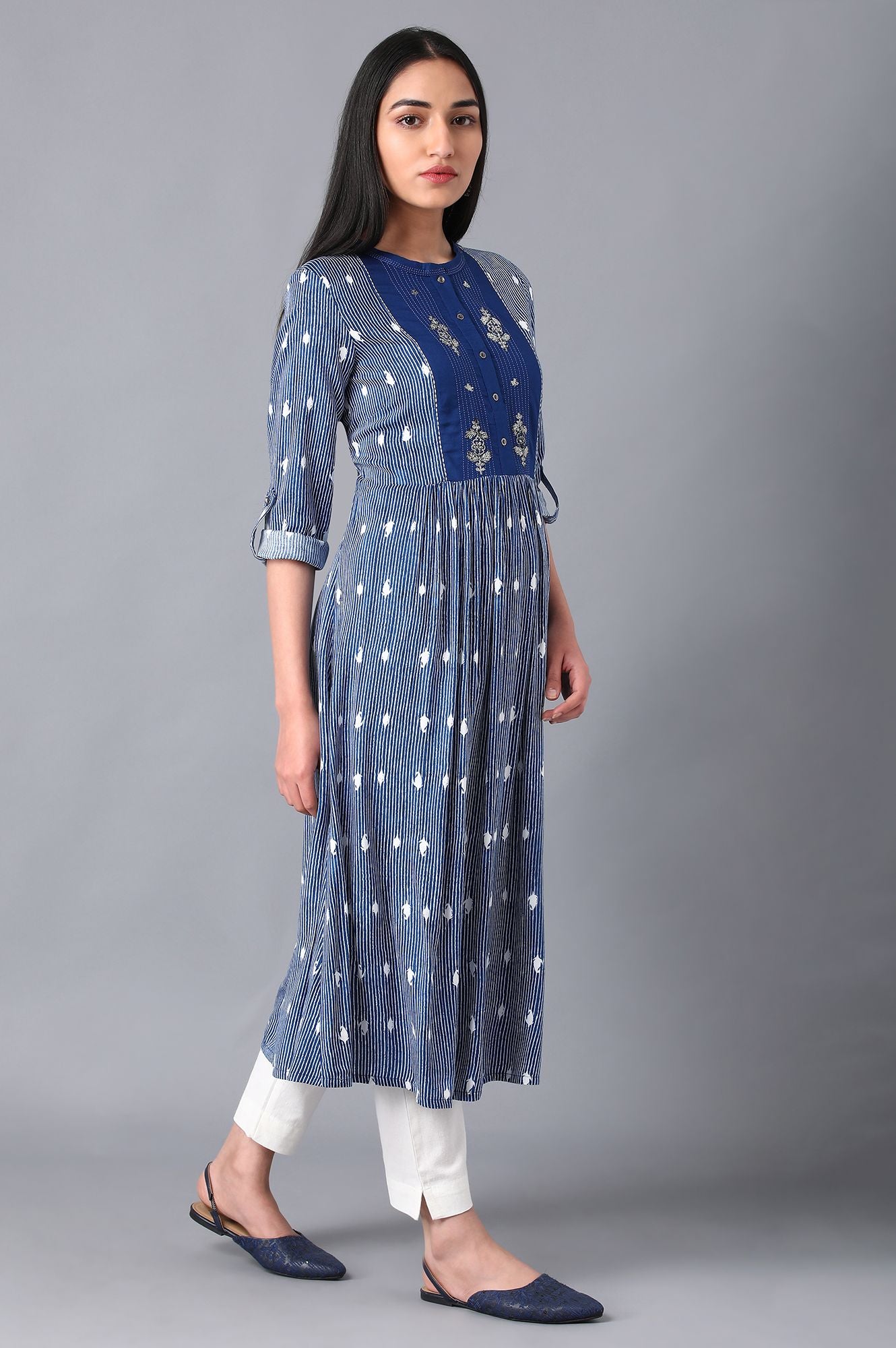 Blue Mandarin Neck Printed Dress