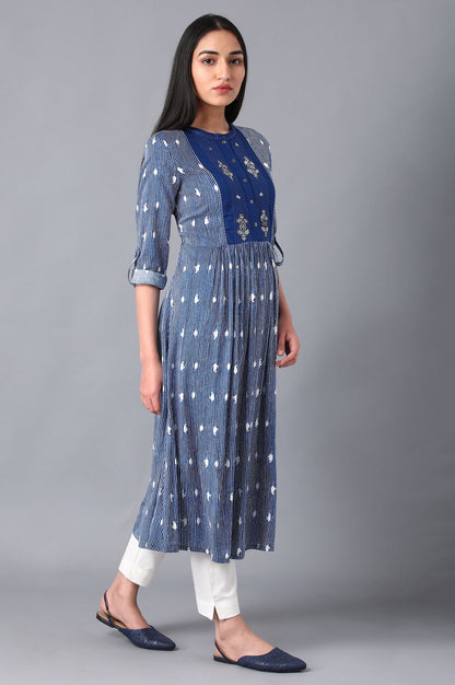 Blue Mandarin Neck Printed Dress